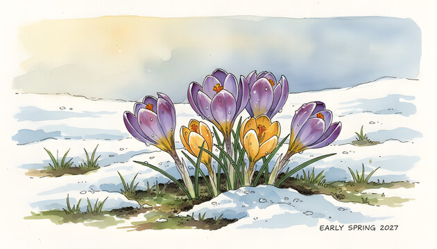 Watercolor Painting of Purple and Yellow Crocus Flowers in Spring Garden