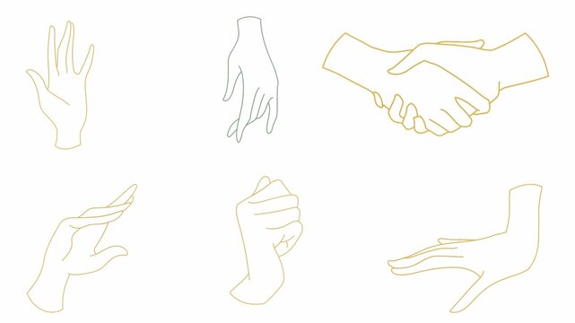 Set of gold line art hand gestures and handshake icons on white background