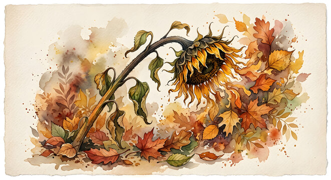Watercolor Painting of a Sunflower with Autumn Leaves