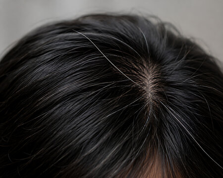 Extreme close up of gray hair roots growing on dark Asian hair head