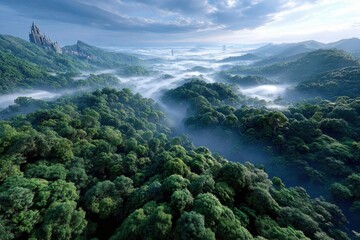 Obraz premium Misty rainforest valley with distant castle and towers