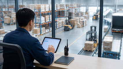 Fototapeta premium Warehouse supervisor using tablet to monitor logistics operations
