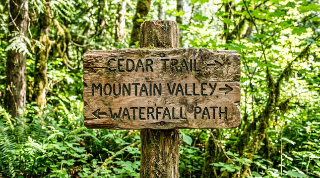 Wooden signpost showing directions to Cedar Trail, Mountain Valley, and Waterfall Path in a lush forest.