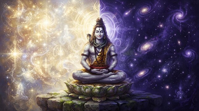 Spiritual depiction of a deity meditating between cosmic realms