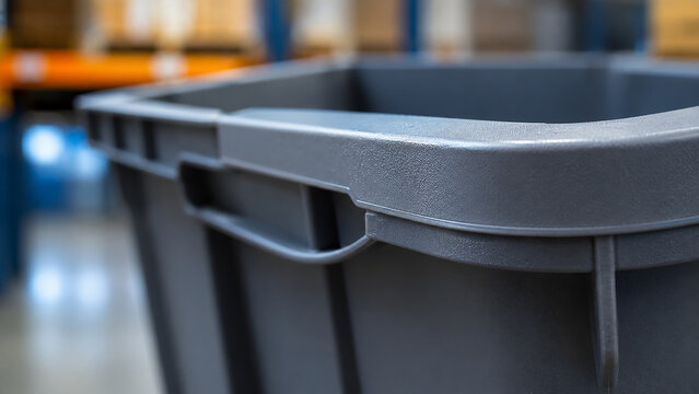 Close-up of a gray plastic industrial storage bin container