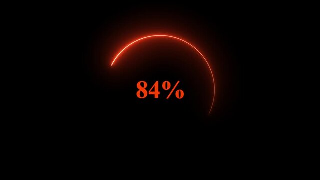 Red neon loading bar animation counting from 0 to 100 percent with glowing progress effect on black background symbolizing digital update, charge, download, and modern progress concept.