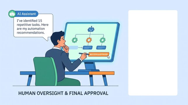 A businessman reviewing AI automation recommendations on a computer screen for human oversight and final approval.