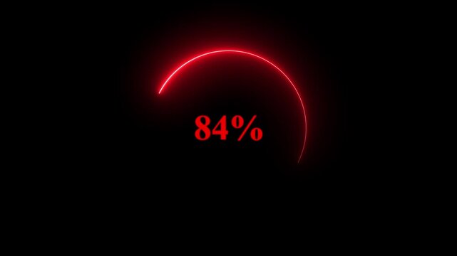 Red neon loading bar animation counting from 0 to 100 percent with glowing progress effect on black background symbolizing digital update, charge, download, and modern progress concept.
