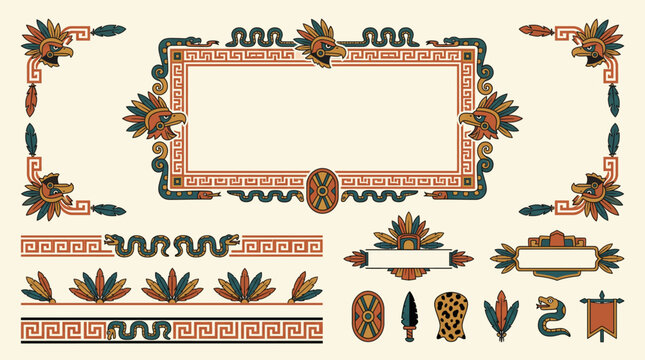 Aztec Eagle Warrior Frame Border Ornamental Decorative Set