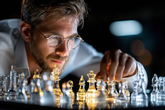 Man in glasses playing chess at night