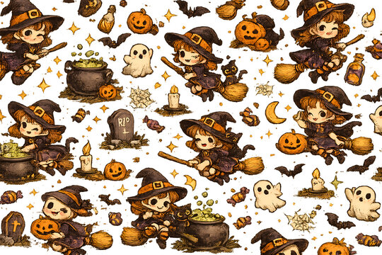 Seamless pattern of cute witch girls brewing potions in magic cauldrons with bats and tombstones. Ideal for warm autumn decor, papercrafts, and kids fashion.
