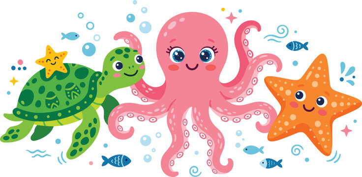 Cute ocean animals vector illustration featuring a friendly pink octopus green sea turtle and happy orange starfish under water