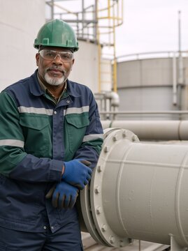 Senior Black male industrial worker wearing safety gear. Experienced engineer leaning on a large metal pipe at a refinery