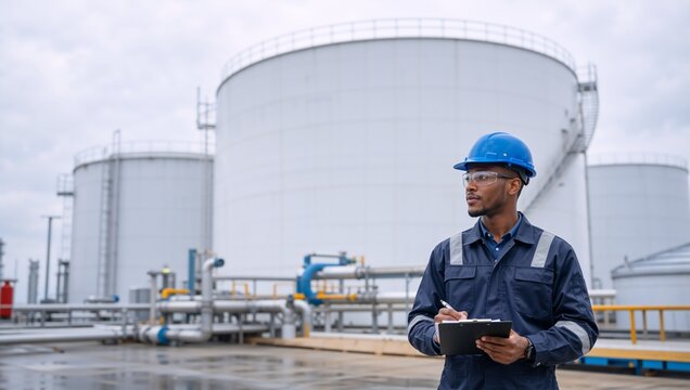 Black male industrial inspector with clipboard at a refinery. Professional engineer in blue hard hat checking storage tanks. Oil and gas safety inspection concept