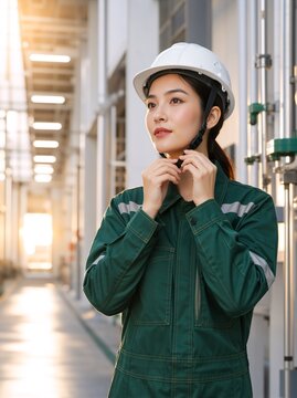 Young Asian female industrial worker fastening white hard hat. Professional woman engineer in green jumpsuit at factory. Safety first concept in manufacturing