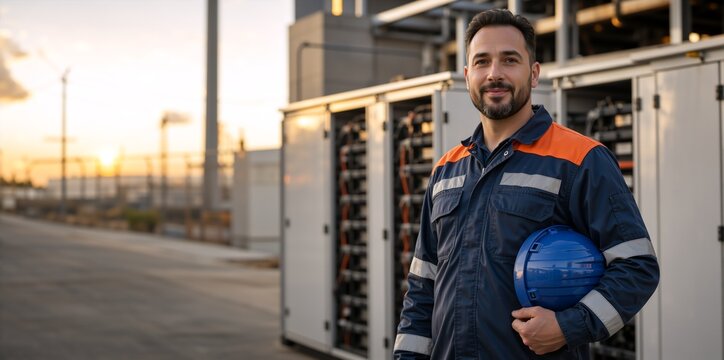 Smiling male engineer holding a hard hat at an energy storage facility. Caucasian technician in uniform at sunset. Power grid and electrical infrastructure concept