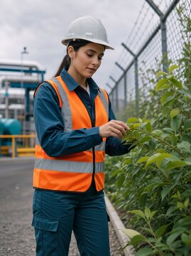 Female environmental engineer examining plant leaves near an industrial facility. Caucasian woman inspector in safety vest and hard hat. Ecological monitoring and compliance concept