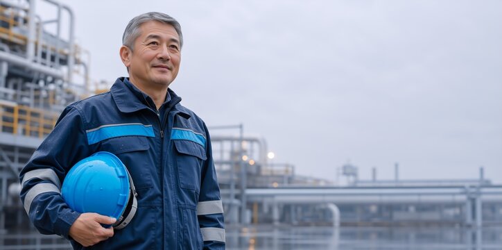 Portrait of a smiling middle aged Asian engineer at an industrial plant. Mature male worker holding a blue hard hat in front of a refinery background. Copy space on the right