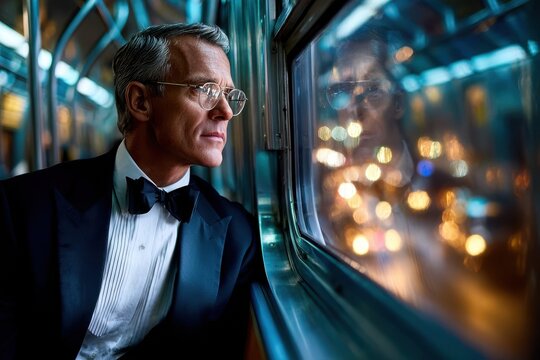 Man in formal attire gazing out of a window on a city night