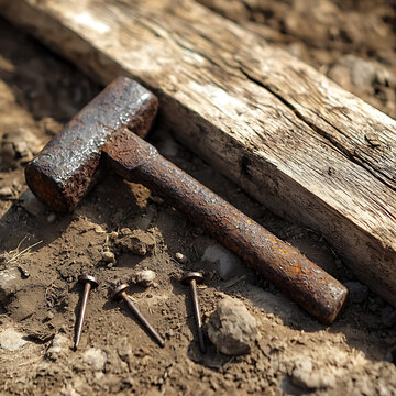 Vintage sledgehammer and nails on weathered wood and soil.