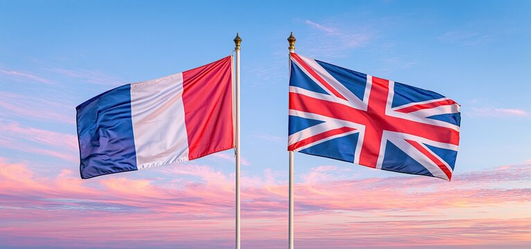 An evening sky illuminates the fluttering French and British flags on tall poles during a festive international celebration.