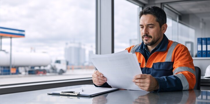 Industrial manager reviewing documents at a desk in an office. Logistics coordinator in high visibility uniform looking at papers with a fuel tanker truck visible outside the window