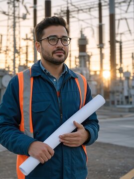 Male electrical engineer holding blueprints at a power substation. Professional utility worker in a high-visibility vest standing in front of transformers at sunset