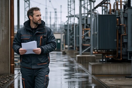 Male electrical engineer walking with documents at a power substation. Professional technician inspecting high voltage utility equipment on a wet rainy day