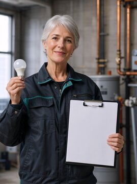 Vertical portrait of a smiling mature female technician holding an LED light bulb and a blank clipboard. Woman electrician in uniform standing in a utility room. Copy space on paper