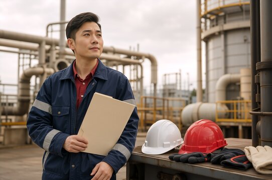 Asian male industrial engineer holding a folder at a refinery. Professional factory manager standing next to safety helmets and gloves at a chemical plant