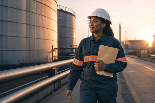 Smiling African American female engineer walking in industrial plant at sunset. Professional woman worker in safety uniform and hard hat carrying folder at oil refinery