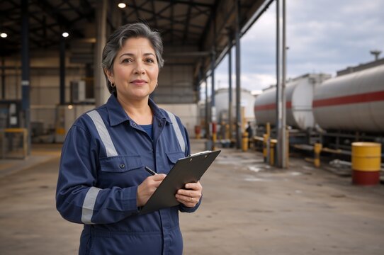 Female industrial supervisor holding a clipboard for inspection. Portrait of a middle aged woman worker in a blue uniform at a manufacturing plant with storage tanks