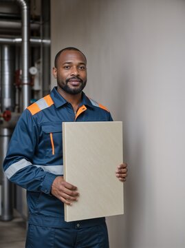 Vertical portrait of smiling African American male worker holding insulation panel. Professional builder in safety uniform standing indoors at industrial facility
