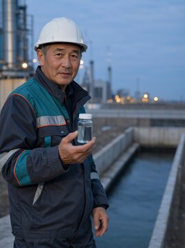 Vertical portrait of senior Asian male engineer holding water sample in industrial plant. Professional worker in safety uniform checking clear liquid in glass bottle at treatment facility