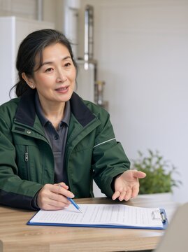 Vertical portrait of Asian female supervisor talking at desk in office. Professional mature woman in green uniform gesturing during meeting with clipboard and document