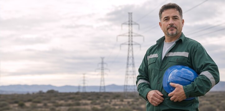 Middle aged male utility worker holding a blue hard hat. Portrait of a professional lineman standing in front of high voltage power transmission towers