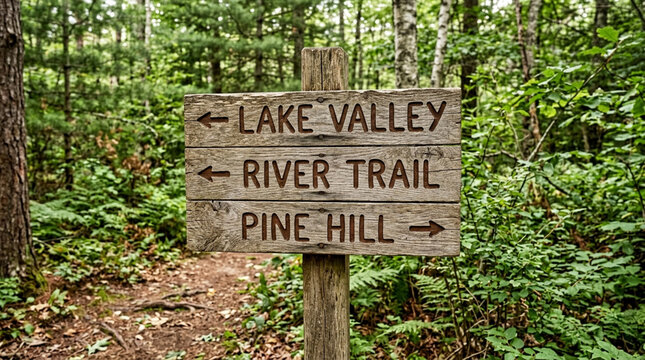 Wooden signpost with arrows: Lake Valley, River Trail, Pine Hill, surrounded by forest.