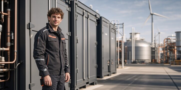 Confident male engineer in uniform standing at modern industrial plant. Young worker at facility with wind turbine and storage containers