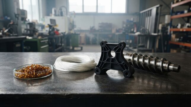 Polyamide supply chain display with amber resin pellets, fiber strands, a molded bracket, and a screw barrel on a dark workbench.