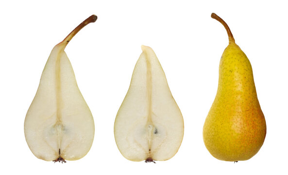 Pear fruits half and whole isolated on white background, with clipping path