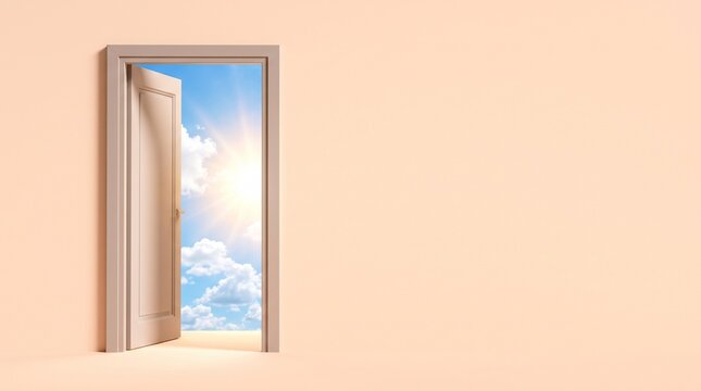 Open door revealing a bright sunny sky with clouds on a peach colored wall representing new opportunities