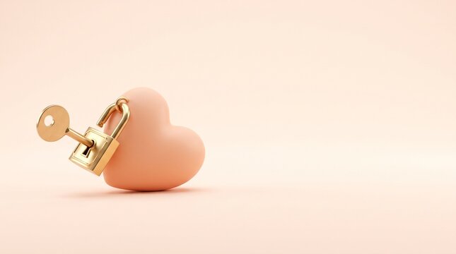 3D illustration of a golden key unlocking a padlock on a gentle pink heart shape with soft pastel background and copy space