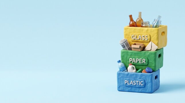 Vibrant stacked recycling bins for glass, paper, and plastic, symbolizing efficient waste management and environmental responsibility and sustainability