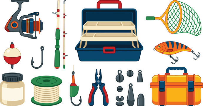 Fishing Gear and Tackle Equipment Vector Icon Set Featuring Fishing Rod Reel Tackle Box Lure Bait Landing Net and Accessories for Outdoor Recreation Graphic Design