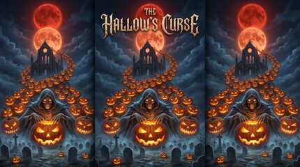 Fototapeta premium Gothic Halloween book cover art with grim reaper and glowing jack-o-lanterns leading to cathedral under blood moon
