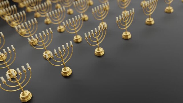 Minimalist 3d render of golden menorahs arranged in orderly rows against a dark background.