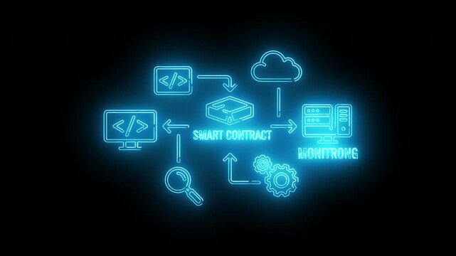Futuristic blue neon glowing smart contract blockchain flow diagram illustrating digital network coding automated system and data management