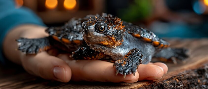 A small baby snapping turtle rests on a person's hand with a blurred background showing warm lights.