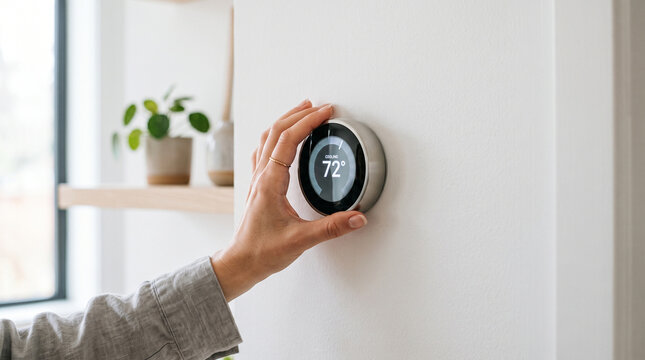 Close up of a person adjusting a smart thermostat on a white wall in a modern home interior