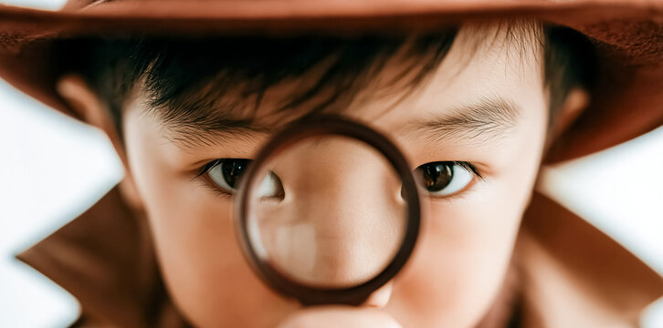 Curious child using a magnifying glass to closely observe details, representing exploration, discovery, and a desire to learn.